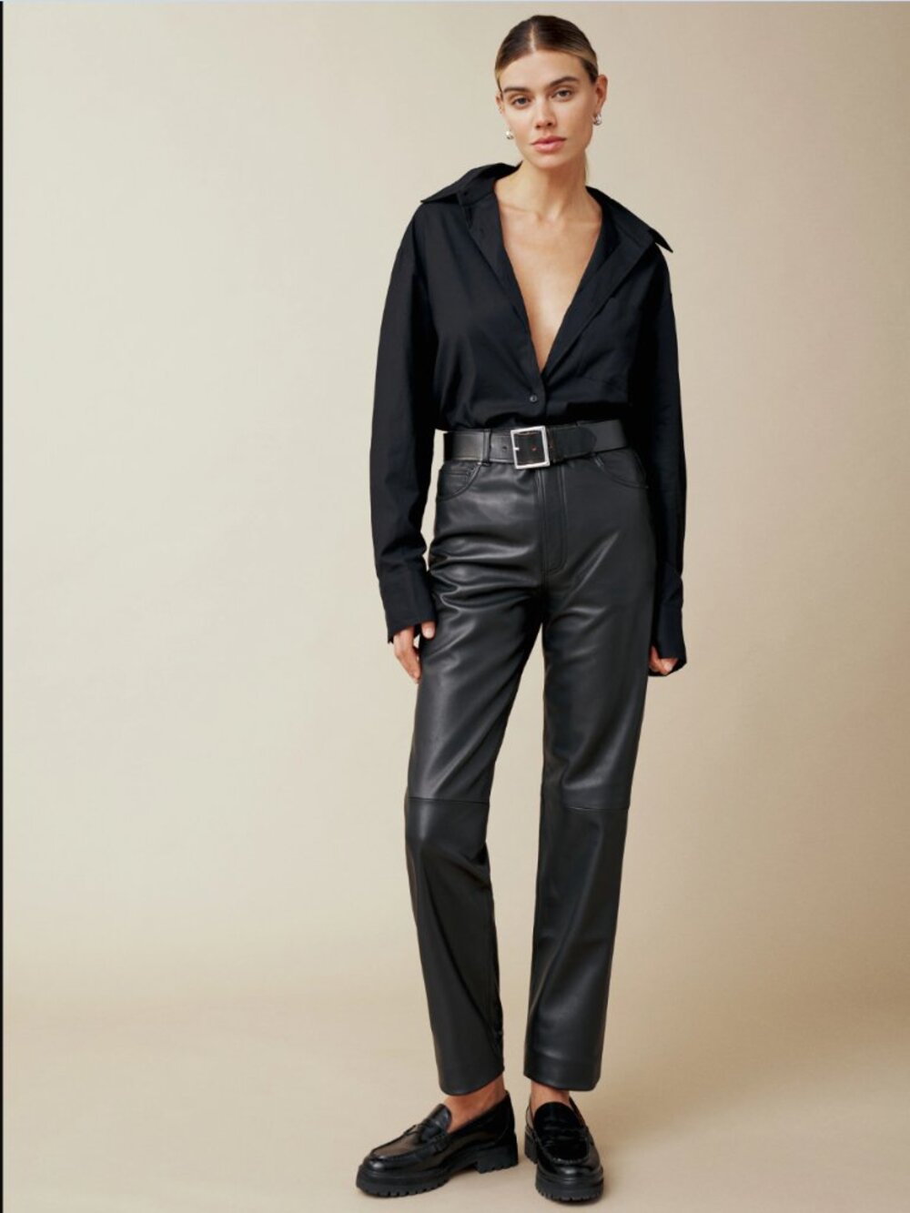 Reformation Veda Black Straight-Leg 100% Leather Pants